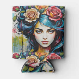 Meisje's Gezicht met Rozen Waterverf Stijl Blikjeskoeler