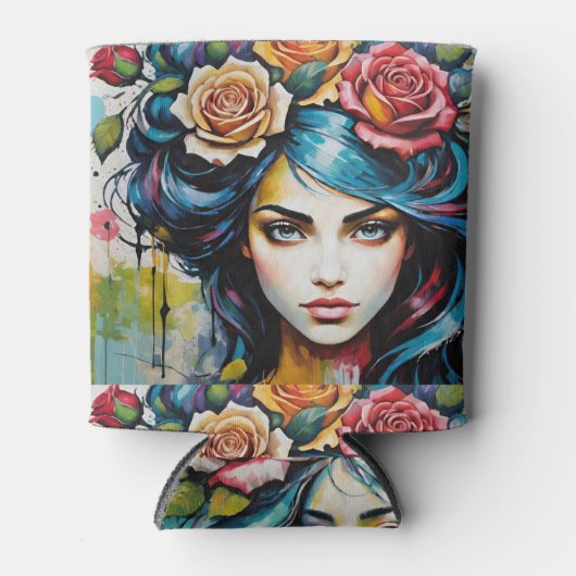 Meisje's Gezicht met Rozen Waterverf Stijl Blikjeskoeler (Voorkant)