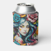 Meisje's Gezicht met Rozen Waterverf Stijl Blikjeskoeler (Blikje Achterkant)