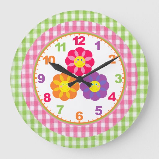 Meisjes Gingham Flower Clock met Numbers Grote Klok (Voorkant)