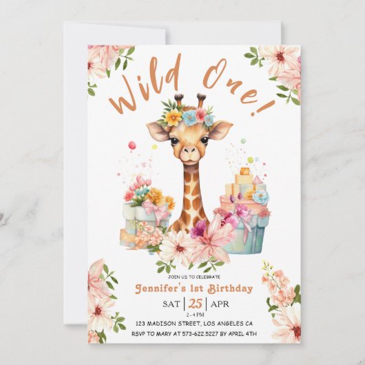 Meisjes Giraffe 1e Verjaardag Roze Safari Kaart (Voorkant)