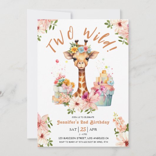 Meisjes Giraffe 2e Verjaardag Roze Safari Twee Wil Kaart (Voorkant)