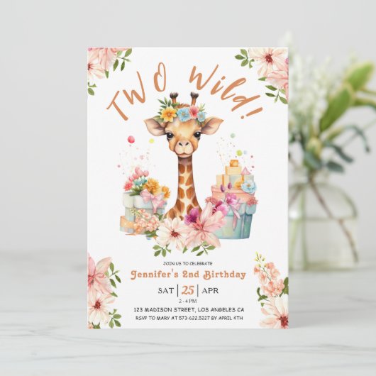 Meisjes Giraffe 2e Verjaardag Roze Safari Twee Wil Kaart (Staand voorkant)