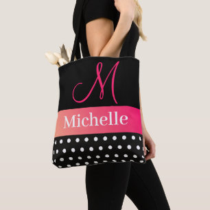 Meisjes Glam Hot Pink en zwarte monogram Naam Tote Bag