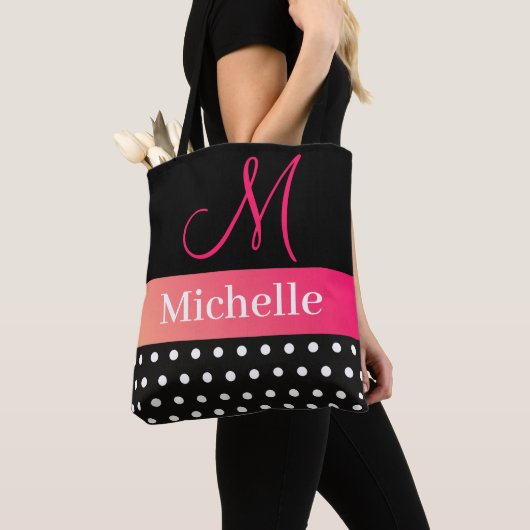 Meisjes Glam Hot Pink en zwarte monogram Naam Tote Bag (Dichtbij)