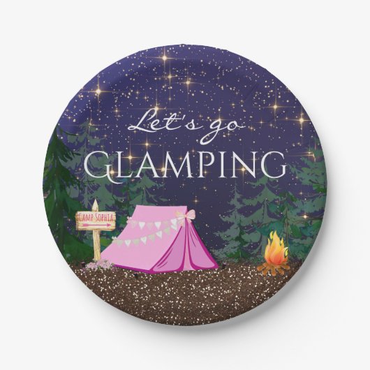 Meisjes Glamping Verjaardagsfeest Papieren Bordje (Voorkant)