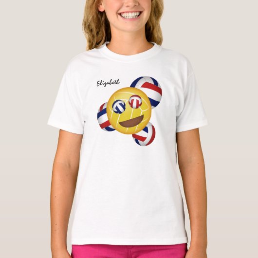 Meisjes glimlachen volleybal emoji rood wit en bla t-shirt (Voorkant)