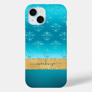 Meisjes Glitter Blue Glam Metallic Personalized iPhone 15 Case