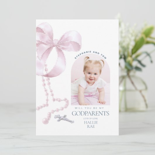 Meisjes Godparent Proposal, Pink Bow & Rozenkrans Kaart (Staand voorkant)