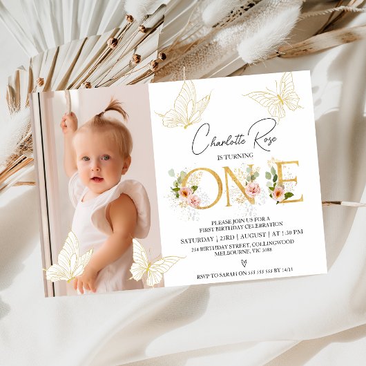 Meisjes Goud Roze Vlinders Bloemen 1e Verjaardag Kaart