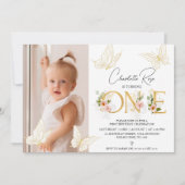 Meisjes Goud Roze Vlinders Bloemen 1e Verjaardag Kaart (Voorkant)