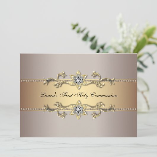 Meisjes Gouden Eerste Heilige Communie Uitnodiging (Staand voorkant)