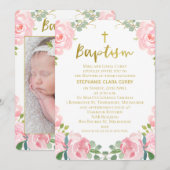 Meisjes Gouden Roze Foto Doop Uitnodiging (Voorkant / Achterkant)