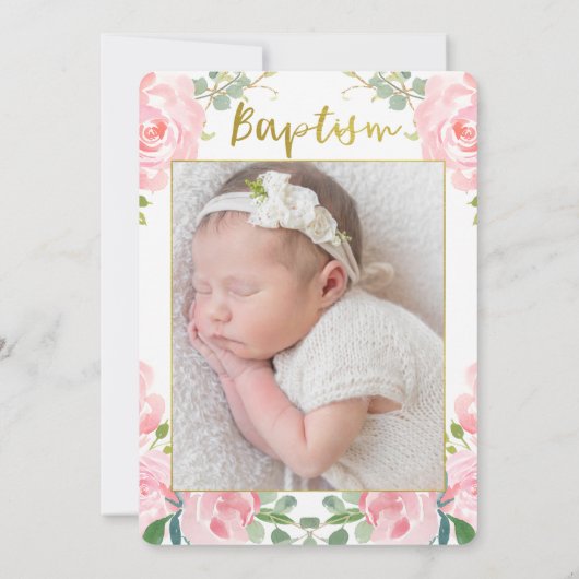 Meisjes Gouden Roze Foto Doop Uitnodiging (Achterkant)