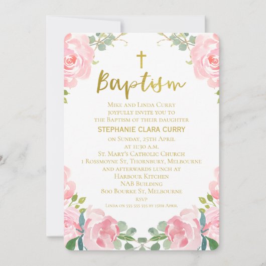 Meisjes Gouden Roze Foto Doop Uitnodiging (Voorkant)