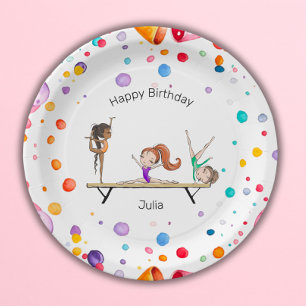 Meisjes Gymnastiek Regenboog Ballonnen Verjaardags Papieren Bordje