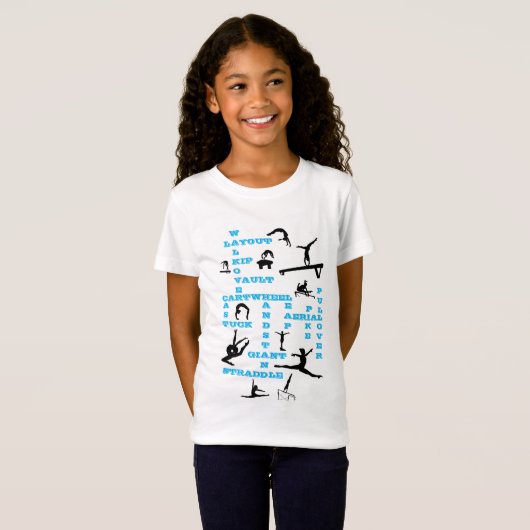 Meisjes Gymnastiek Vaardigheden Blauw Kruiswoorden T-shirt (Voorkant volledig)
