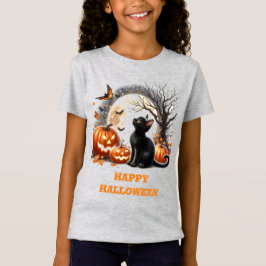 Meisjes Halloween Zwart Kat Grijs Crewneck T-shirt