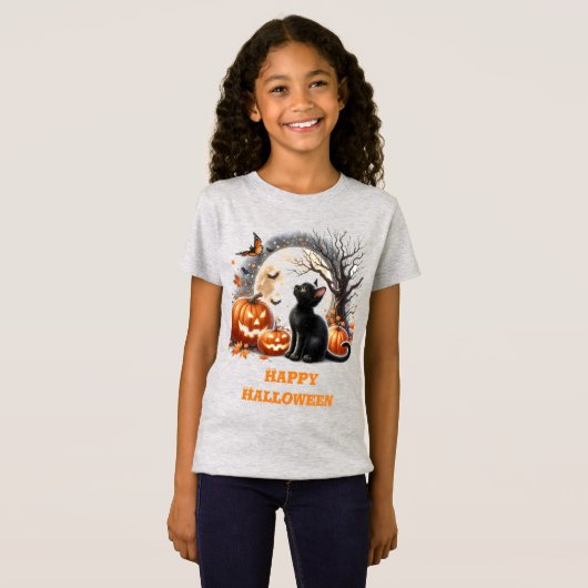 Meisjes Halloween Zwart Kat Grijs Crewneck T-shirt (Voorkant volledig)