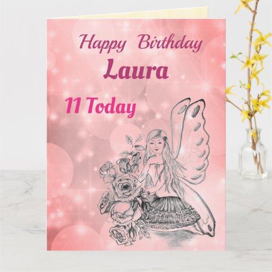 Meisjes Happy 11th Birthday Fairy Greeting Kaart (Gele Bloem)