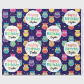 Meisjes Happy Birthday Blue Owl Pattern gepersonal Cadeaupapier (Vlak)