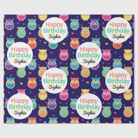 Meisjes Happy Birthday Blue Owl Pattern gepersonal Cadeaupapier (Vlak)