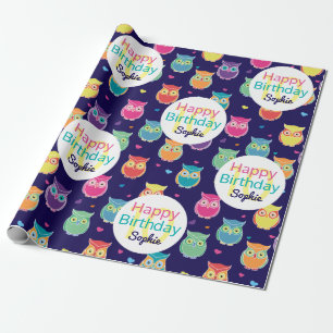 Meisjes Happy Birthday Blue Owl Pattern gepersonal Cadeaupapier