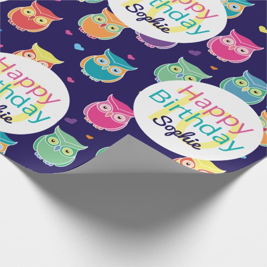 Meisjes Happy Birthday Blue Owl Pattern gepersonal Cadeaupapier (Hoek)
