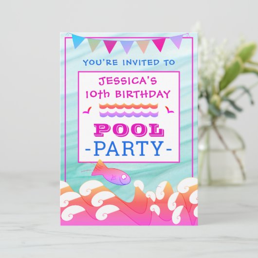 Meisje's Happy Fish Pool Party Verjaardag Kaart (Staand voorkant)