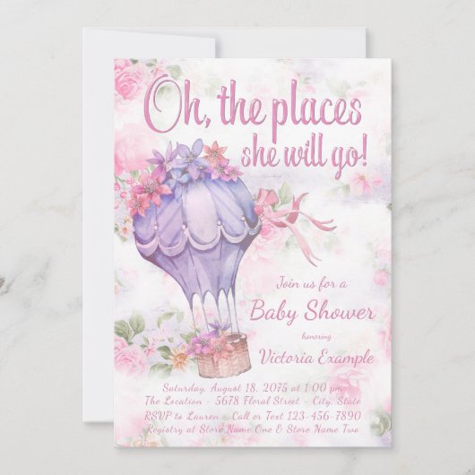 Meisjes Hete Luchtballon Baby Douche Uitnodigingen (Voorkant)