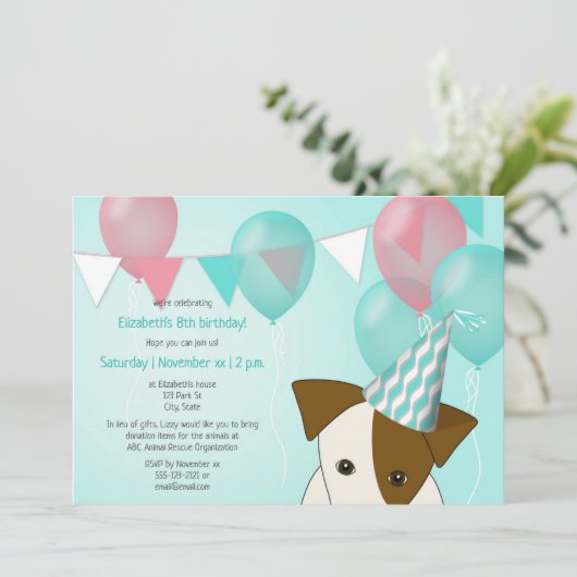 meisjes hondje verjaardagsfeest blauwgroen roze ba kaart (Staand voorkant)