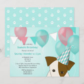 meisjes hondje verjaardagsfeest blauwgroen roze ba kaart (Voorkant / Achterkant)