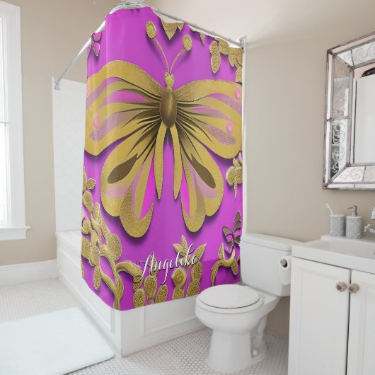 Meisjes Hot Pink Gold Butterfly Persoonlijke naam Douchegordijn (In situ)