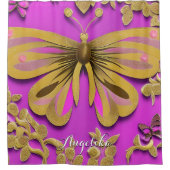 Meisjes Hot Pink Gold Butterfly Persoonlijke naam Douchegordijn (Voorkant)