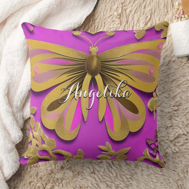 Meisjes Hot Pink Gold Butterfly Persoonlijke naam Kussen (Deken)