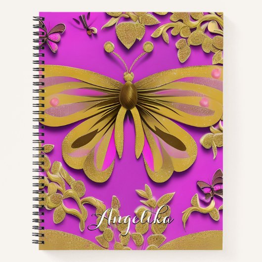 Meisjes Hot Pink Gold Butterfly Persoonlijke naam Notitieboek (Voorkant)