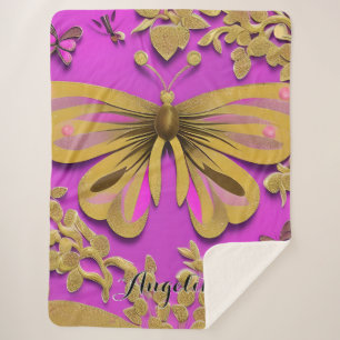 Meisjes Hot Pink Gold Butterfly Persoonlijke naam Sherpa Deken