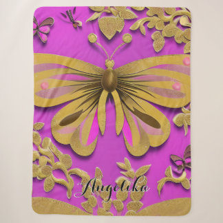 Meisjes Hot Pink Gold Butterfly Persoonlijke naam Sherpa Deken