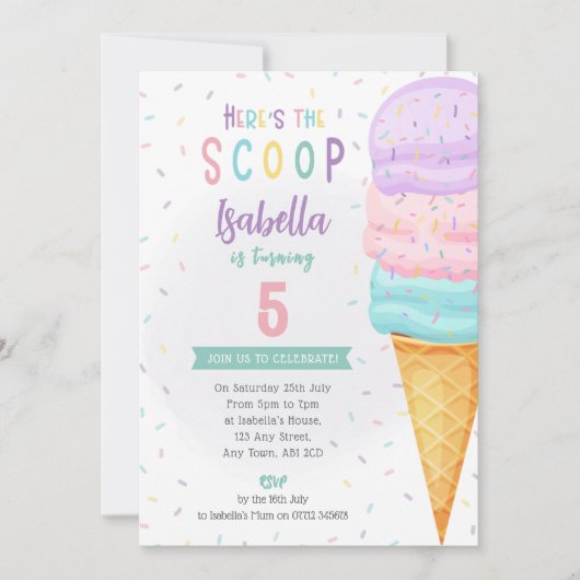 Meisjes Ice Cream Cone Uitnodigen - Roze Paarse Sc Kaart (Voorkant)