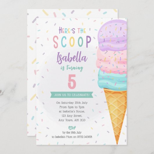 Meisjes Ice Cream Cone Uitnodigen - Roze Paarse Sc Kaart (Voorkant / Achterkant)