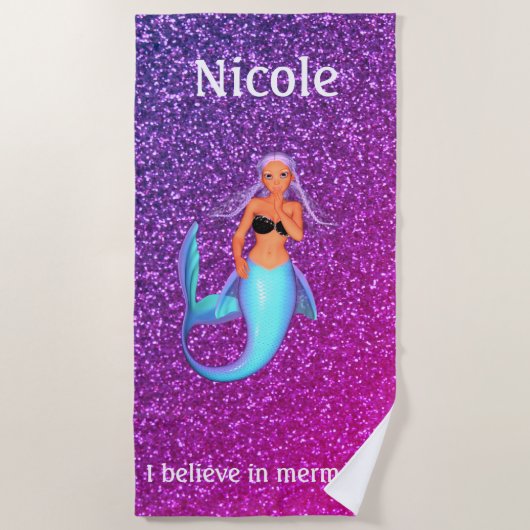 Meisjes "Ik geloof in Mermaids", gepersonaliseerd Strandlaken (Voorkant)