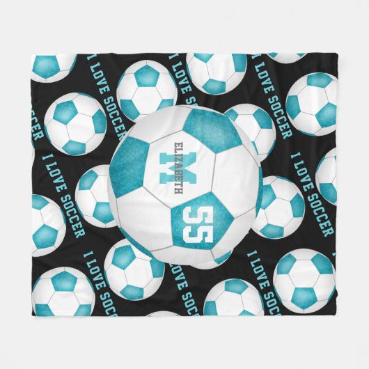 meisjes Ik hou van voetbaltekst turquoise blauw wi Fleece Deken (Voorkant (Horizontaal))