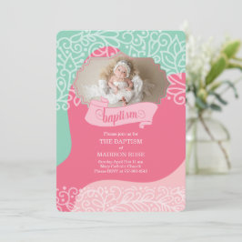 Meisjes in Roze en Zee Groen met foto Baptisme Kaart