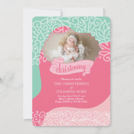 Meisjes in Roze en Zee Groen met Foto Christening Kaart