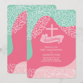 Meisjes in Roze en Zee Groen met KruisChristening Kaart (Voorkant / Achterkant)