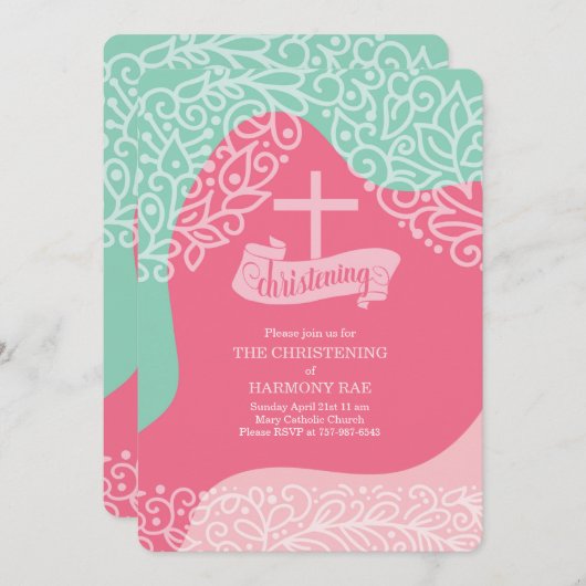 Meisjes in Roze en Zee Groen met KruisChristening Kaart (Voorkant / Achterkant)