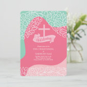Meisjes in Roze en Zee Groen met KruisChristening Kaart (Staand voorkant)