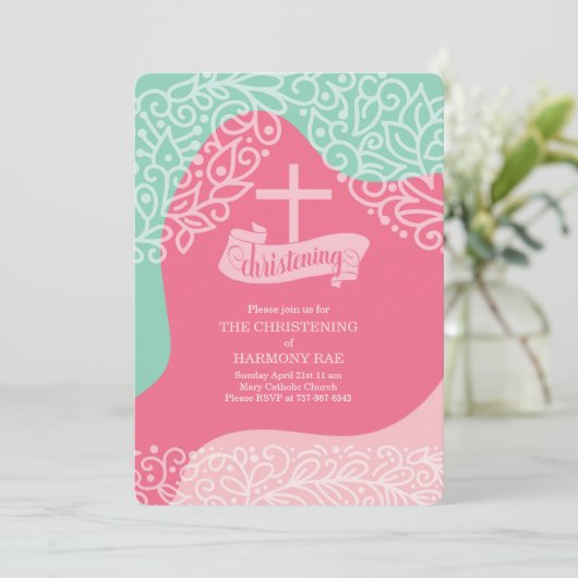 Meisjes in Roze en Zee Groen met KruisChristening Kaart (Staand voorkant)