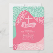 Meisjes in Roze en Zee Groen met KruisChristening Kaart (Voorkant)