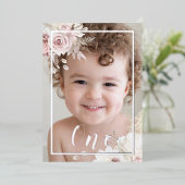 Meisjes/Jongen Blush White Floral 1 september Silv Folie Uitnodiging (Staand Voorkant)